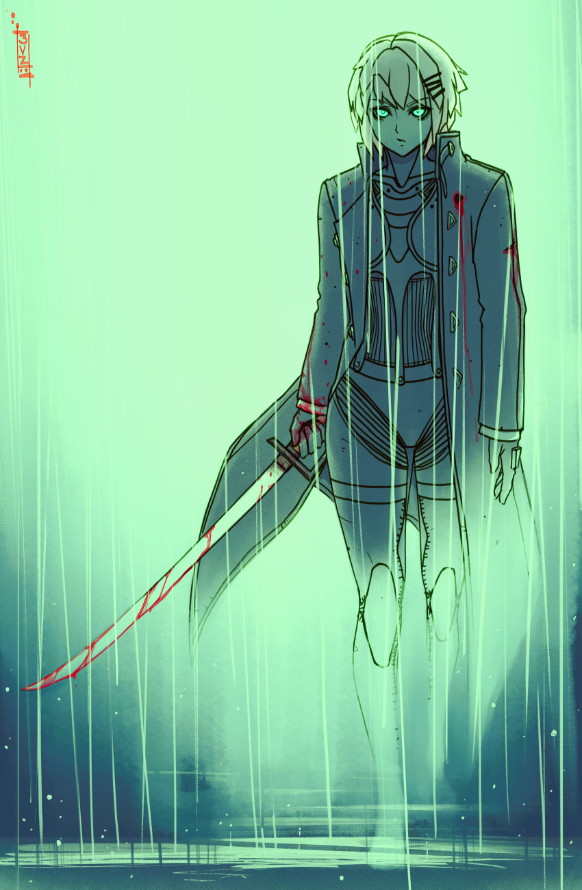 1girl, :/, absurdres, aqua_eyes, artist_logo, backlighting, bleeding, blood