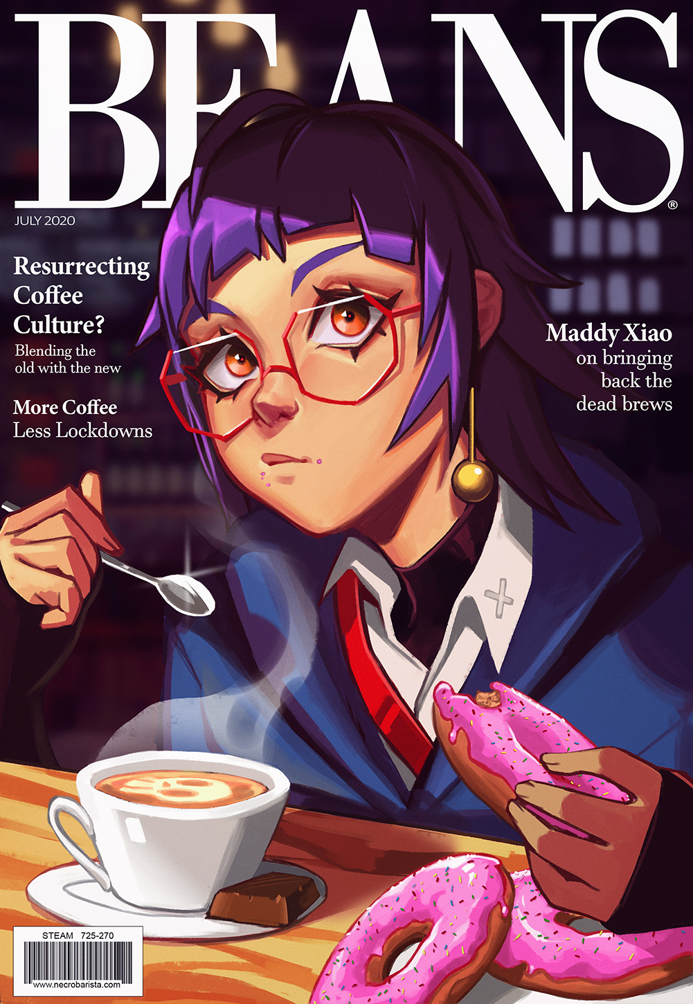 1girl, ahoge, barcode, chocolate, choppy_bangs, coffee, coffee_mug, copyright_name, cover, crumbs, cup, doughnut, earrings, fake_magazine_cover, fingerless_gloves, food, gloves, highres, holding, holding_spoon, jewelry, latte_art, maddy_xiao, magazine_cover, mug, necrobarista, qtori, red-framed_eyewear, shirt, single_earring, skull, spoon, white_shirt