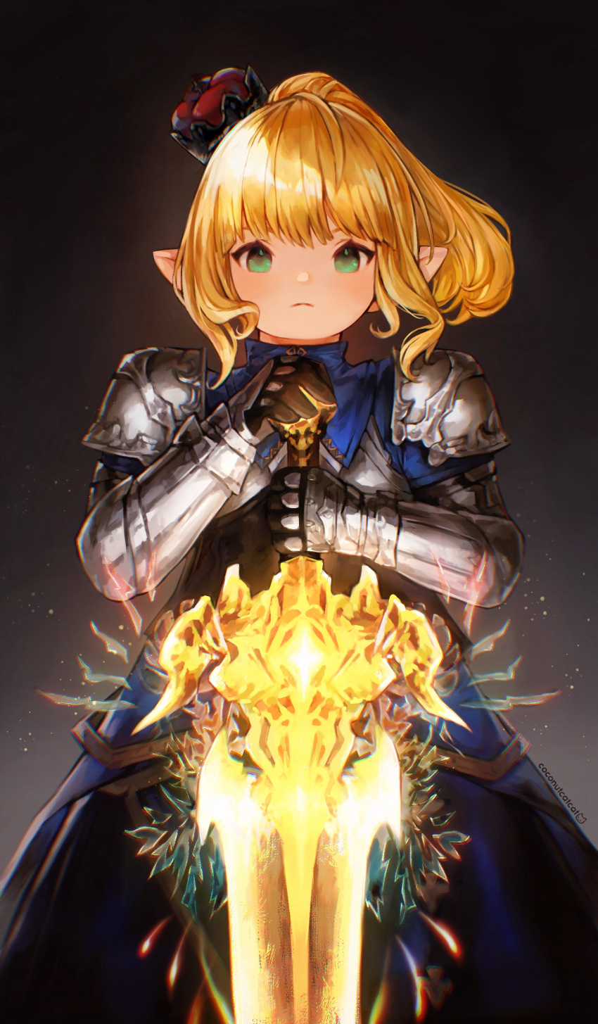 1girl, absurdres, armor, artist_name, blonde_hair, blue_dress, coconutcatcat, commission