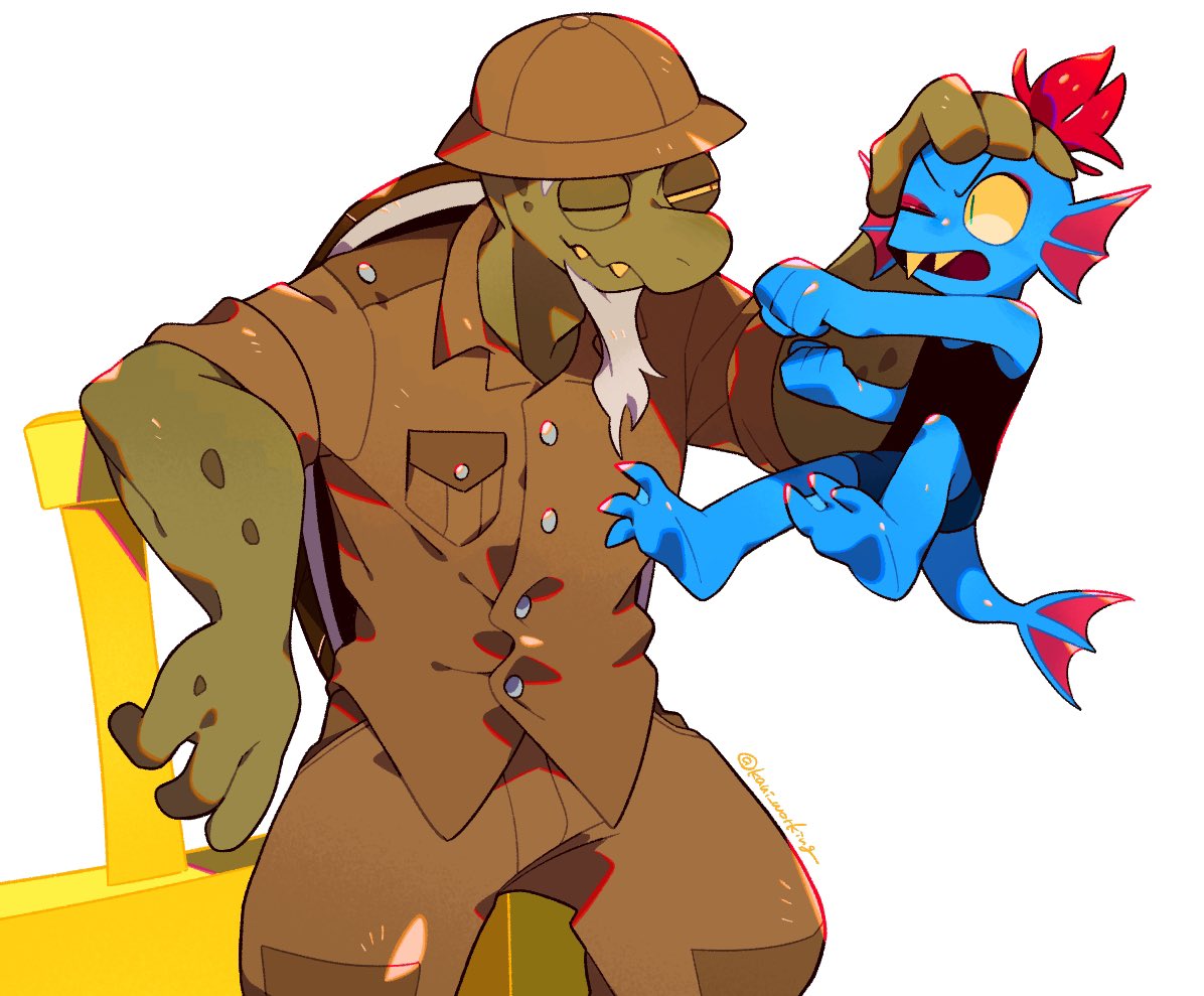 1boy, 1girl, aged_down, beard, black_tank_top, blue_skin, brown_hat, brown_pants
