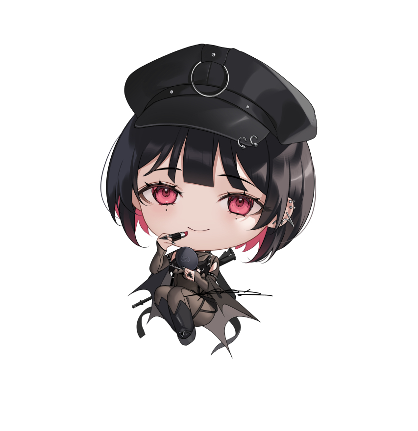 1girl, applying_lipstick, applying_makeup, armpit_cutout, assault_rifle, black_bodysuit, black_hair, black_nails