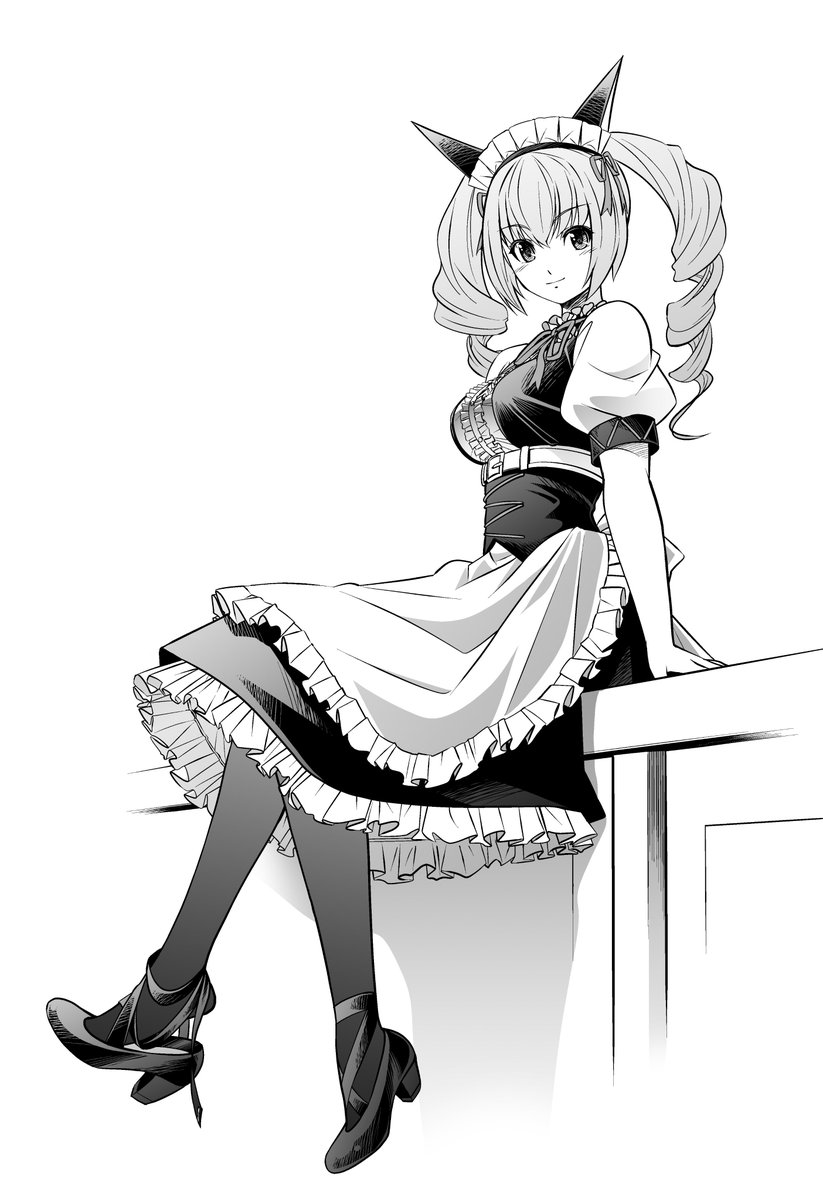 akiha_rumiho, animal_ear_hairband, animal_ears, apron, arm_support, back_bow, belt_around_waist, belt_buckle, black_skirt, bow, buckle, buttons, cat_ears, collar, dress, drill_hair, eibon, fake_animal_ears, frilled_collar, frilled_dress, frilled_hairband, frilled_skirt, frills, hair_between_eyes, hairband, highres, long_hair, long_skirt, looking_at_viewer, maid, maid_apron, maid_headdress, mary_janes, mayqueen_maid_uniform, monochrome, puffy_short_sleeves, puffy_sleeves, ribbon-trimmed_collar, ribbon-trimmed_corset, ribbon-trimmed_hairband, ribbon-trimmed_sleeves, ribbon_trim, shoes, short_sleeves, sitting, skirt, smile, steins;gate, tsurime, twin_drills, twintails, white_apron, white_bow, white_dress, wrist_cuffs