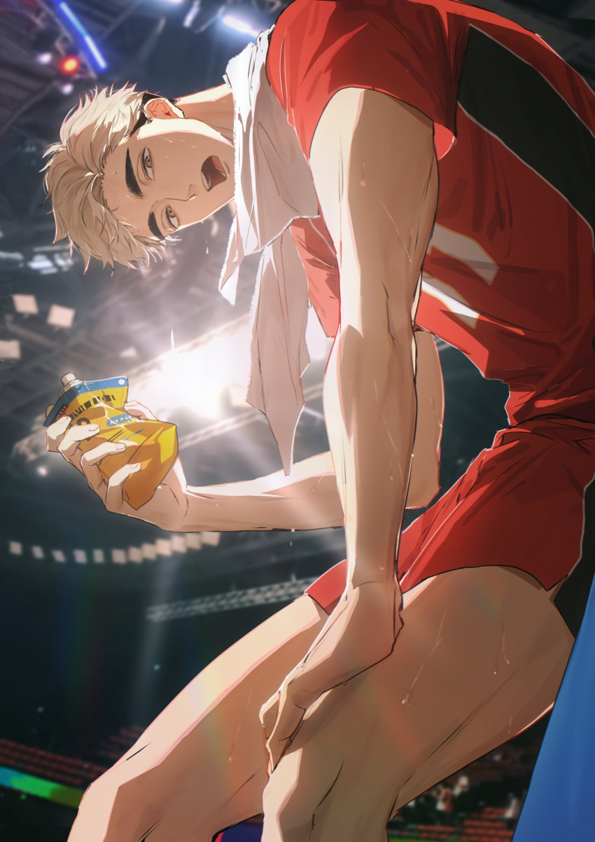1boy, absurdres, black_hair, blonde_hair, brown_eyes, commentary, commentary_request, from_below