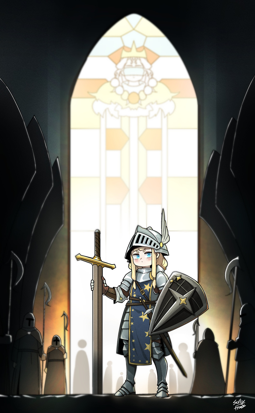 1girl, 6+others, :/, absurdres, armor, artist_name, backlighting, blonde_hair