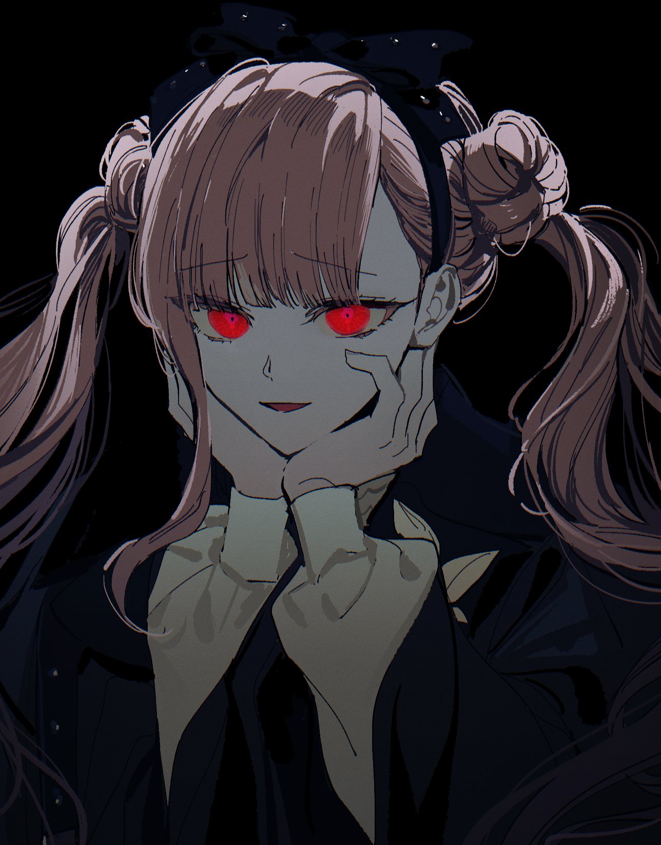 1girl, black_background, black_bow, black_hairband, black_jacket, bow, double_bun, hair_bun