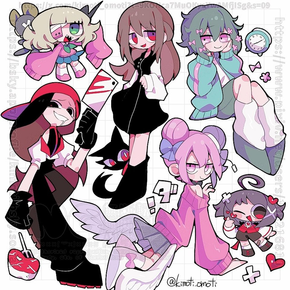 6+girls, ahoge, black_cat, black_eyes, blonde_hair, brown_hair, butcher_vanity_(synthesizer_v), cat