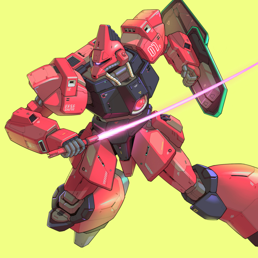 arm_shield, bmwsb0, cable, commentary, earth_federation_space_forces, energy_sword, galbaldy_beta, gundam, highres, holding, holding_sword, holding_weapon, mecha, mecha_focus, missile_pod, mobile_suit, no_humans, one-eyed, robot, science_fiction, shield, simple_background, solo, sword, violet_eyes, weapon, yellow_background, zeta_gundam