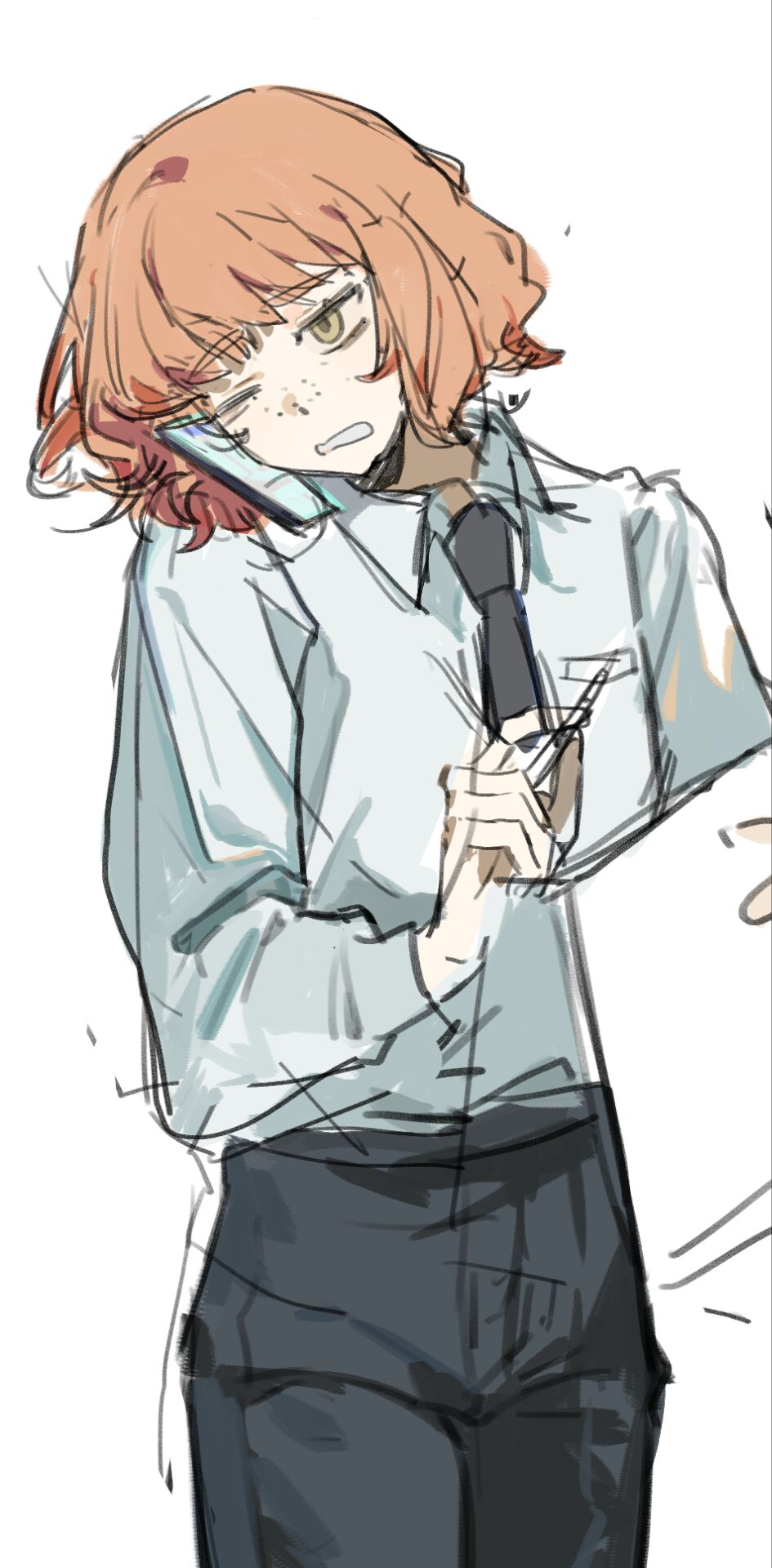 1girl, alternate_costume, alternate_hair_length, alternate_hairstyle, black_necktie, highres, ishmael_(district_21_resident)_(project_moon), ishmael_(project_moon), jingshenhuanghu, limbus_company, necktie, one_eye_closed, orange_hair, phone, project_moon, short_hair, simple_background, sketch, solo, white_background