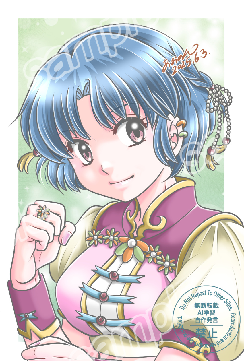 1girl, aononmi, blue_hair, clenched_hand, dated, ear_piercing, highres, jewelry
