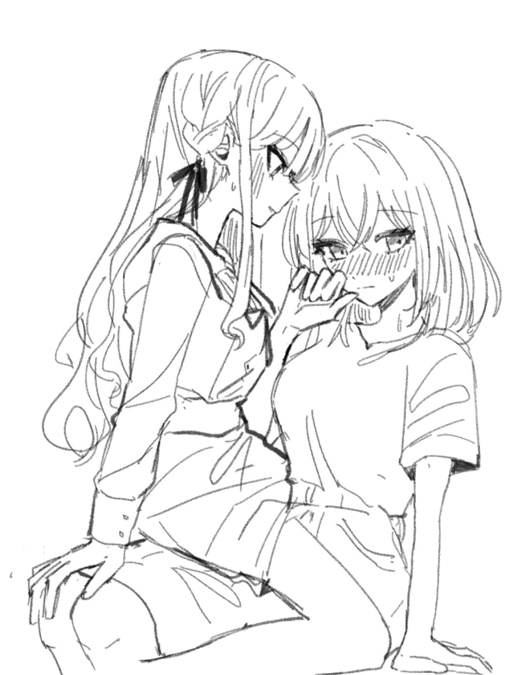2girls, at_09098, bang_dream!, bang_dream!_it's_mygo!!!!!, blush, closed_mouth, commentary_request, greyscale