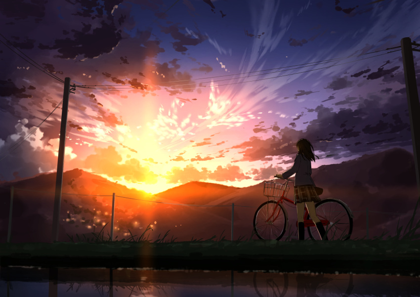 1girl, backlighting, bicycle, black_skirt, black_socks, clouds, cloudy_sky, commentary_request, floating_hair, gradient_sky, grass, grey_shirt, highres, hill, light_particles, long_hair, long_sleeves, mamigo, miniskirt, mountainous_horizon, original, plaid_clothes, plaid_skirt, power_lines, pushing_bicycle, reflection, reflective_water, rural, school_uniform, shirt, skirt, sky, socks, solo, sunset, thigh-highs, utility_pole, walking, wide_shot
