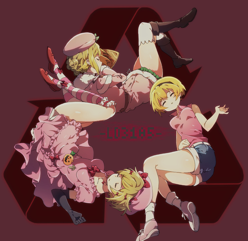 3girls, arrow_(symbol), blonde_hair, boots, breasts, ciconia_no_naku_koro_ni, denim, denim_shorts