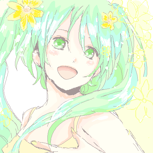 face, flower, hair_flower, hair_ornament, hatsune_miku, lowres, oekaki, pixel_art