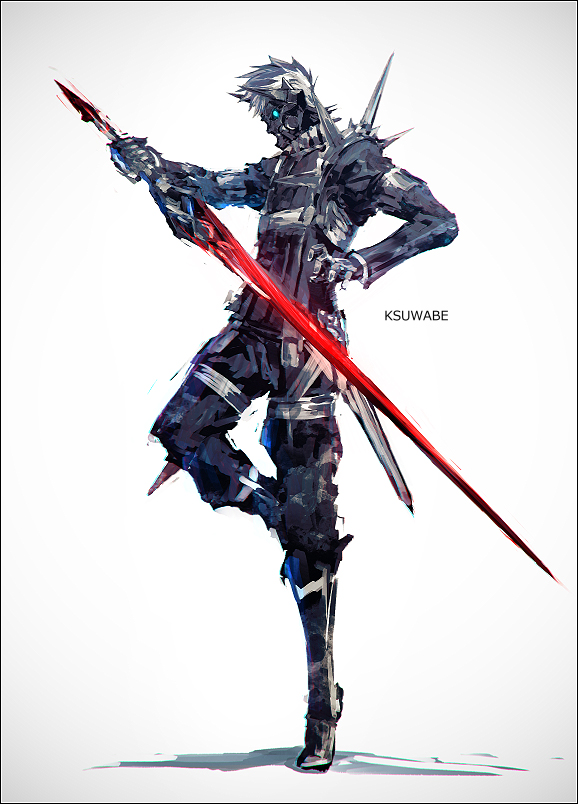 1boy, armor, blue_eyes, fate/grand_order, fate_(series), full_body, gram_(fate), k-suwabe
