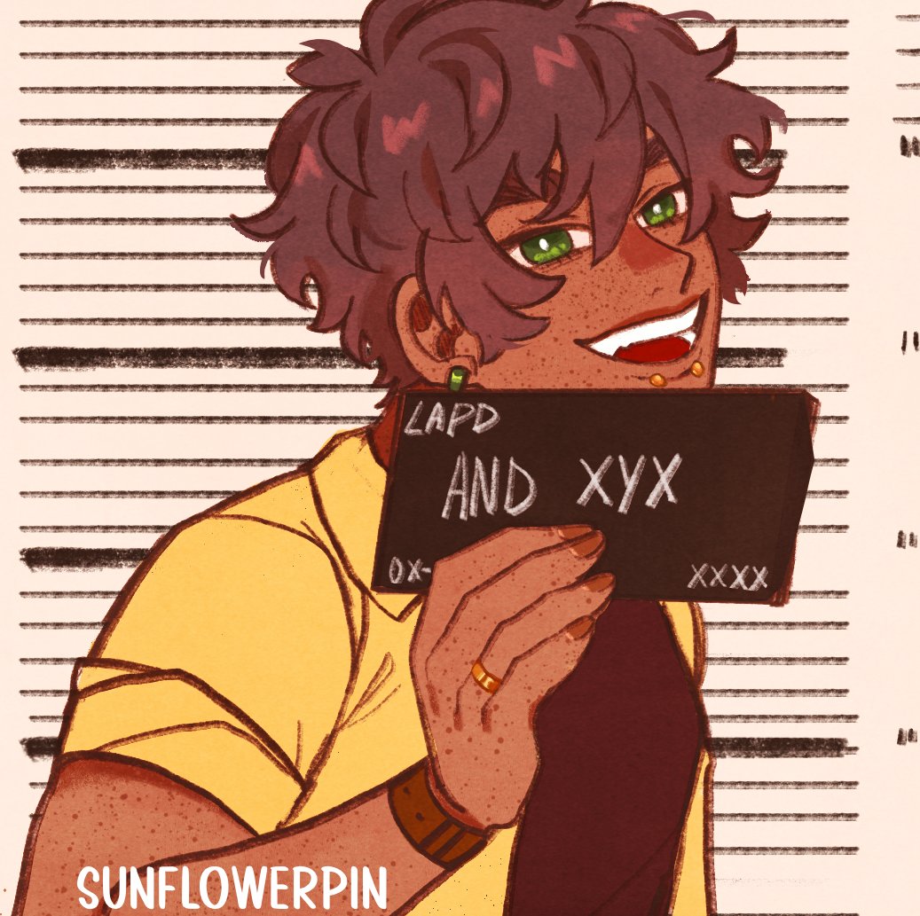 1boy, :d, bad_anatomy, bad_hands, barbie_mugshot_(meme), blooming_panic, brown_hair, brown_shirt, coat, dark-skinned_male, dark_skin, double-parted_bangs, earrings, face_piercing, freckles, from_side, green_eyes, grin, hair_between_eyes, holding, holding_sign, hoop_earrings, jewelry, lip_piercing, looking_at_viewer, male_focus, meme, messy_hair, open_mouth, piercing, ring, shirt, sign, sleeves_rolled_up, smile, solo, sparkling_eyes, sunnyflowerday1, upper_body, watch, watch, wedding_ring, xyx, yellow_coat