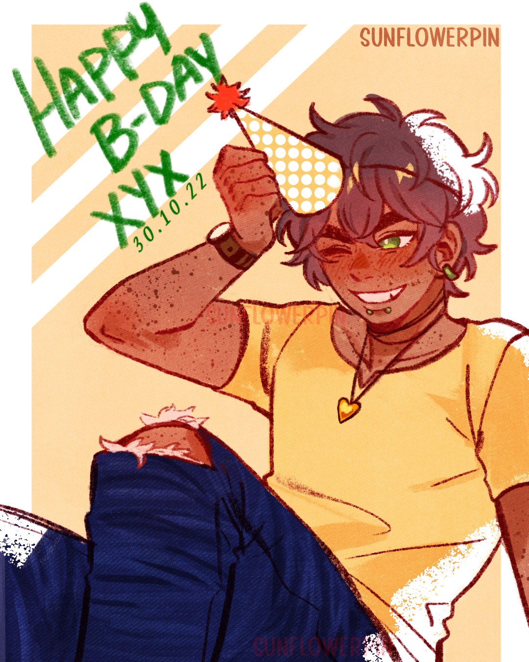 1boy, arm_up, blooming_panic, border, brown_hair, dark-skinned_male, dark_skin, denim