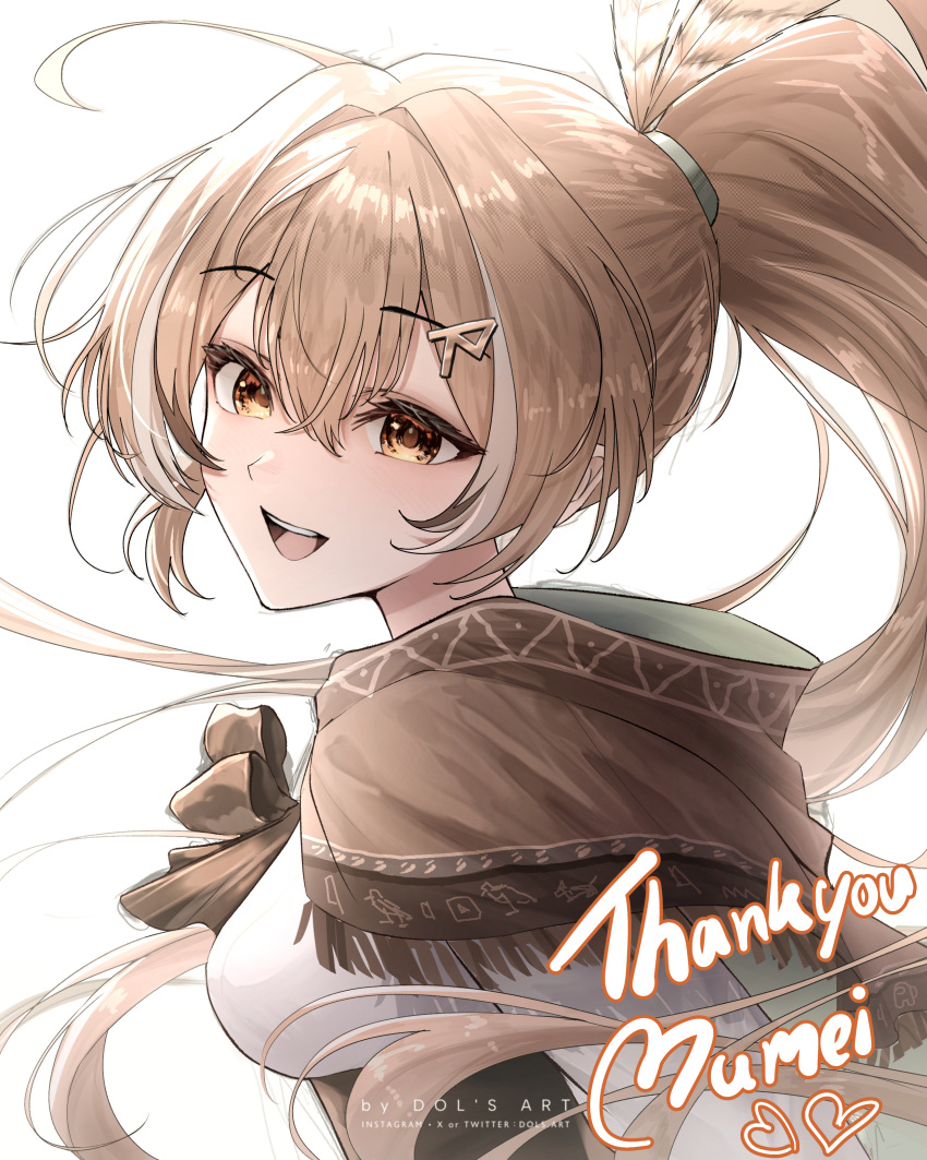 1girl, absurdres, ahoge, artist_name, backlighting, brown_capelet, brown_cloak, brown_corset