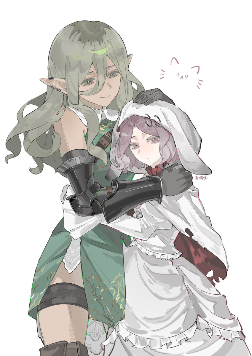 2girls, animal_hood, dark-skinned_female, dark_skin, dress, ear_piercing, ebizuka_tomo, evenf
