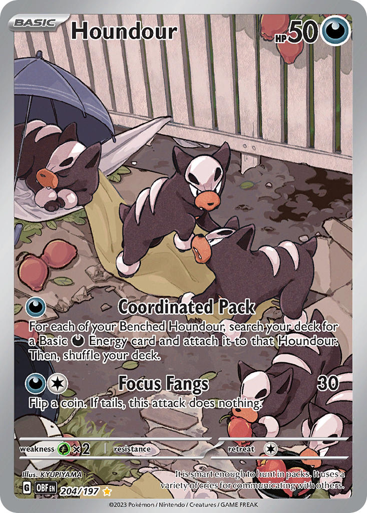 animal_focus, artist_name, berry_(pokemon), card_(medium), character_name, chotokkyu, closed_eyes, closed_mouth, company_name, copyright_name, copyright_notice, english_text, fang, fence, grass, houndour, no_humans, official_art, pokemon, pokemon_(creature), pokemon_card, pokemon_focus, pokemon_tcg, pomeg_berry, sleeping, soil, third-party_source, trading_card, umbrella, v-shaped_eyes