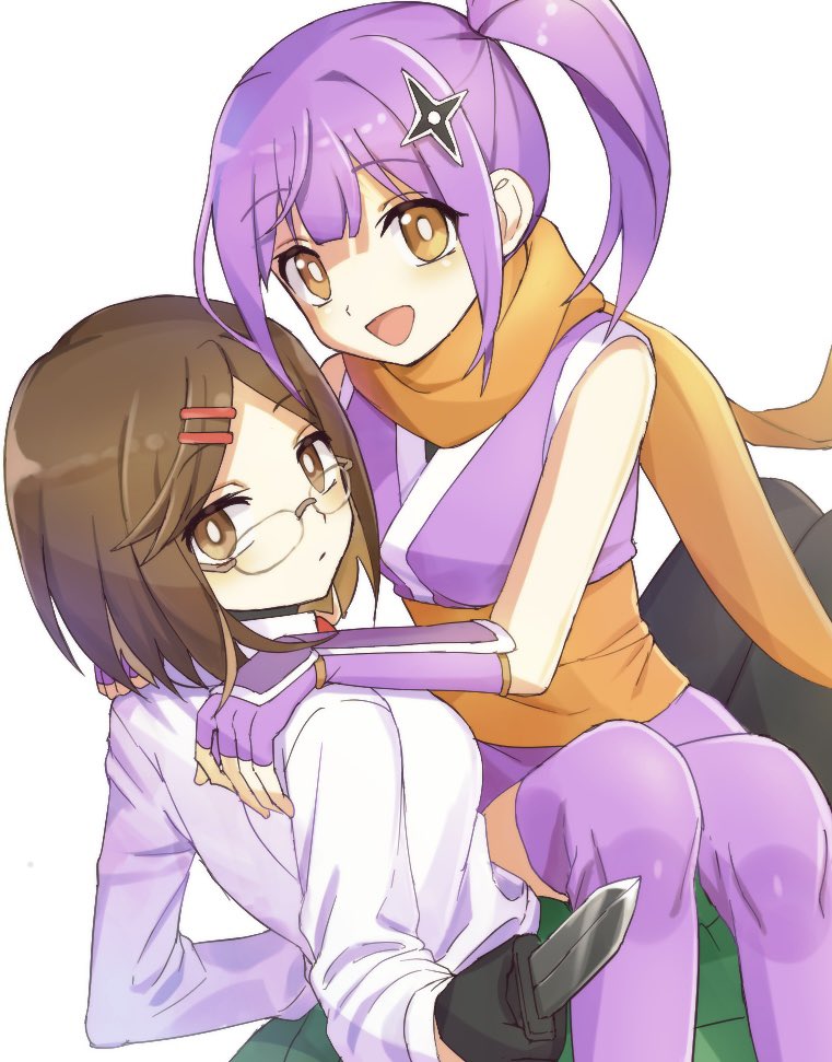 2girls, bare_shoulders, brown_eyes, brown_hair, collared_shirt, elbow_gloves, glasses, gloves