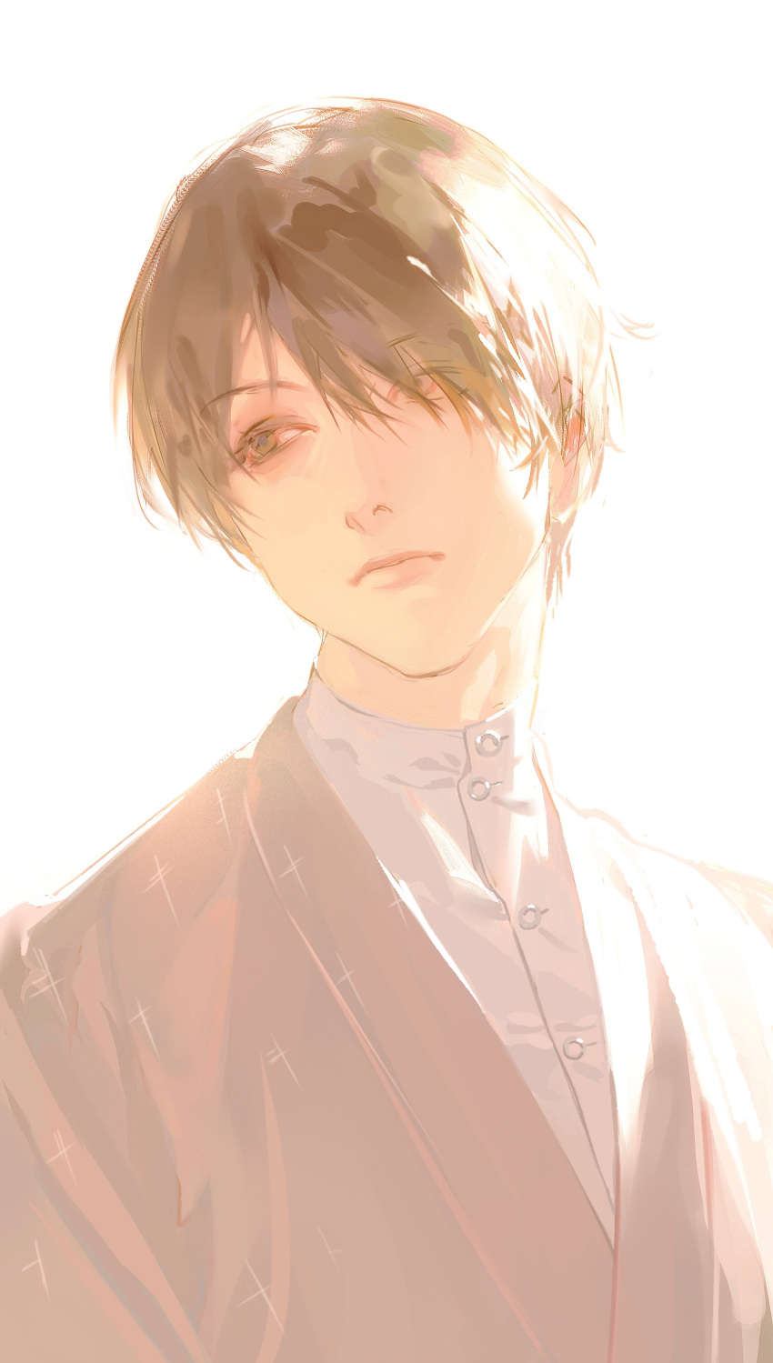 1boy, absurdres, brown_eyes, brown_hair, brown_kimono, chou_no_doku_hana_no_kusari, closed_mouth, eyes_visible_through_hair