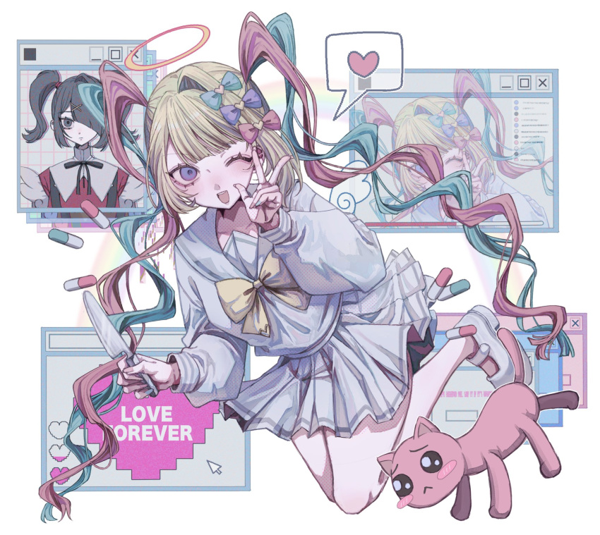 1girl, :d, ame-chan_(needy_girl_overdose), blonde_hair, blue_bow, blue_eyes, blue_hair, bow