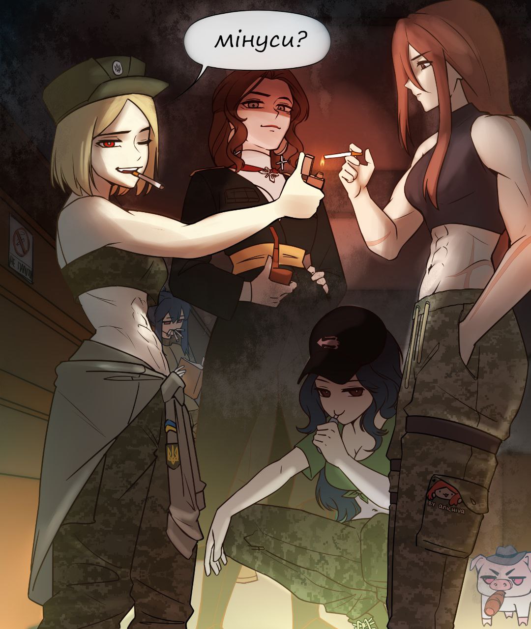 4girls, abs, alternate_eye_color, anichiva, artist_request, azov_battalion, bandeau, bare_shoulders, blonde_hair, boots, bow, breasts, brown_boots, brown_eyes, brown_hair, brown_pants, camouflage, camouflage_bandeau, camouflage_pants, cargo_pants, chokha, cigarette, clothes_around_waist, commentary, eva_(kavunyak), fedora, from_below, gazyr, gloves, green_bandeau, green_gloves, green_hair, green_shirt, grey_eyes, grin, groin, hair_bun, hand_in_pocket, hat, highres, holding, holding_cigarette, holding_smoking_pipe, indoors, jacket, jacket_around_waist, kraken_(japanon), large_breasts, levchenko_ahapiia_oleksandrivna, lighting_cigarette, long_hair, long_sidelocks, looking_at_viewer, marichka, medium_breasts, midriff, military, military_uniform, multiple_cigarettes_in_mouth, multiple_girls, narrowed_eyes, navel, no_smoking, original, pants, peaked_cap, pig, pink_eyes, reading, red_eyes, russo-ukrainian_war, ryna_(anichiva), scar, scar_on_arm, scar_on_hip, shaded_face, shirt, shirt_bow, short_hair, sidelocks, smile, smirk, smoking, smoking_pipe, smug, squatting, squid_print, stomach, tattoo, tryzub, ukraine, ukrainian_flag, ukrainian_text, unlit_cigarette_in_mouth, unworn_jacket, v-shaped_eyebrows, vaping