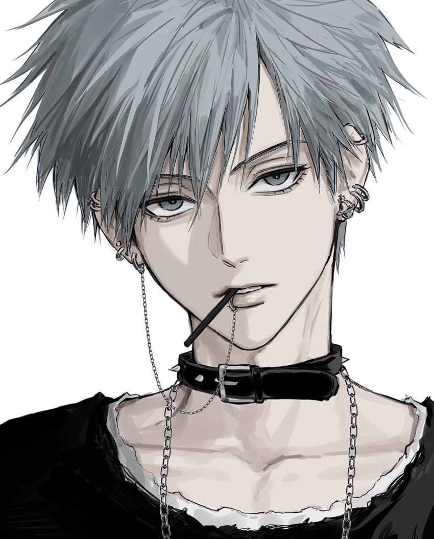 1boy, black_choker, blue_eyes, blue_hair, chain, chain_necklace, choker, ear_piercing