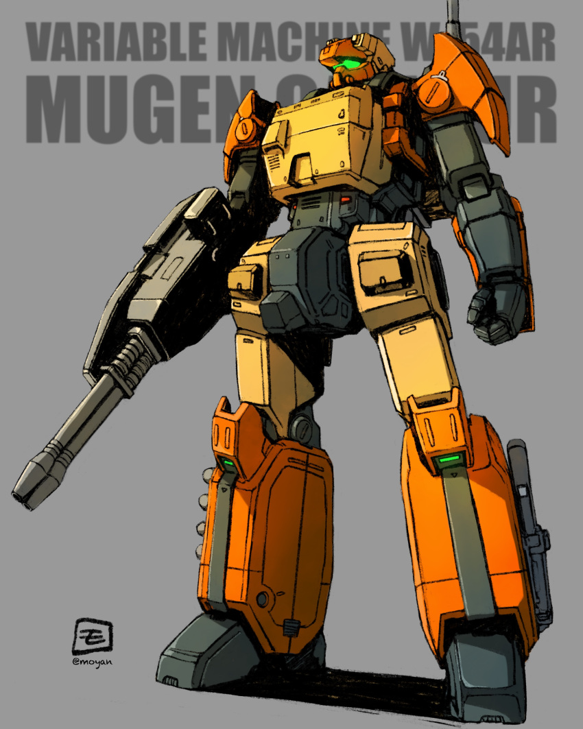 absurdres, artist_logo, assault_visor, beam_rifle, character_name, clenched_hand, commentary, double_barrels, energy_gun, full_body, green_visor, grey_background, highres, logo, mecha, mecha_focus, moyan, mugen_calibur, no_humans, robot, science_fiction, shadow, solo, standing, text_background, tokusou_kihei_dorvack, twitter_username, weapon