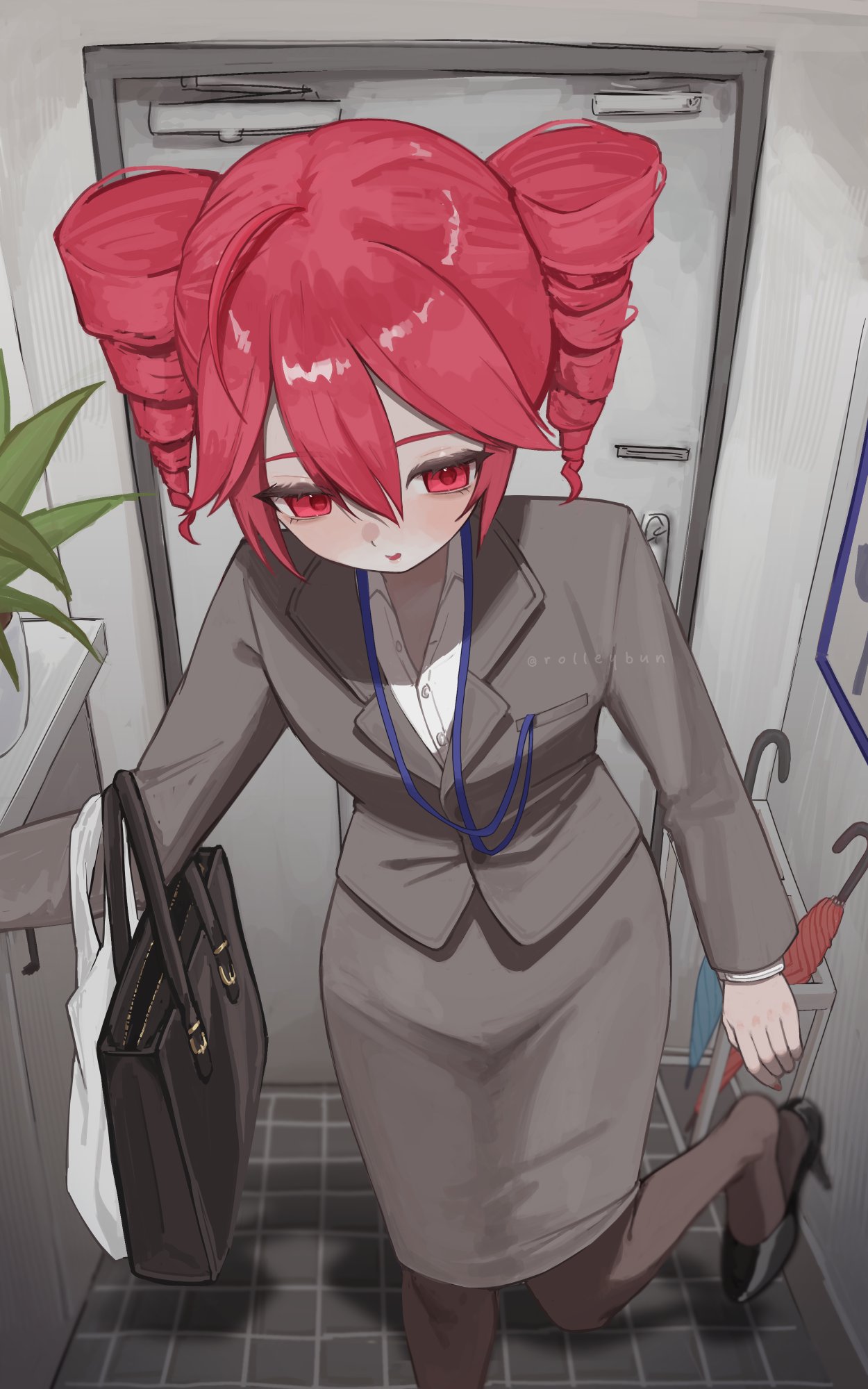 1girl, bag, black_bag, black_pantyhose, black_shoes, blush, collared_shirt, commentary, door, double-parted_bangs, dress_shirt, drill_hair, flower_pot, foot_out_of_frame, grey_jacket, grey_skirt, hair_between_eyes, high_heels, highres, indoors, jacket, julie_(rolleybun), kasane_teto, lanyard, long_sleeves, office_lady, pantyhose, parted_lips, pencil_skirt, plant, plastic_bag, potted_plant, pumps, red_eyes, red_hair, shirt, shoe_dangle, shoes, skirt, solo, standing, standing_on_one_leg, suit_jacket, tile_floor, tiles, twin_drills, twintails, twitter_username, umbrella, utau, white_shirt