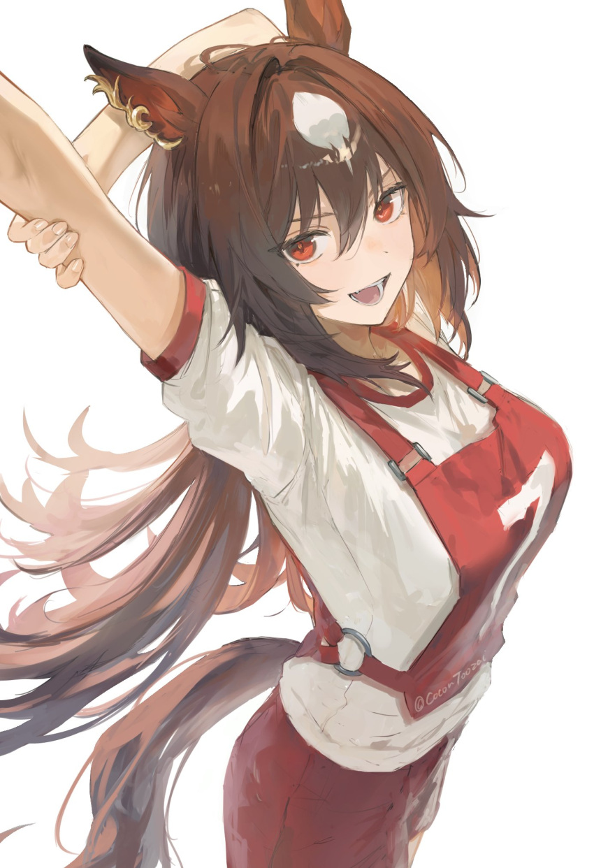 1girl, animal_ears, arm_behind_head, arm_up, breasts, brown_hair, cocontoozai, ear_ornament