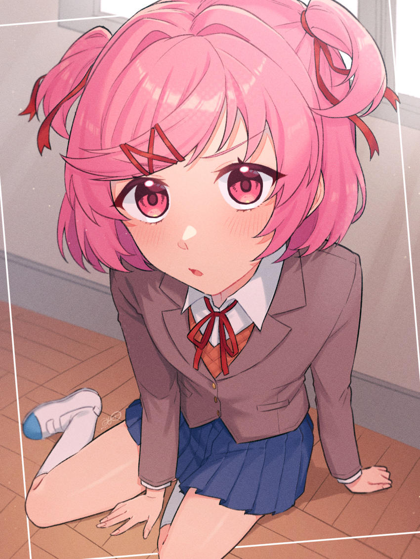 1girl, ayuda_ayutaro, blue_skirt, blush, brown_vest, commentary_request, doki_doki_literature_club, grey_jacket