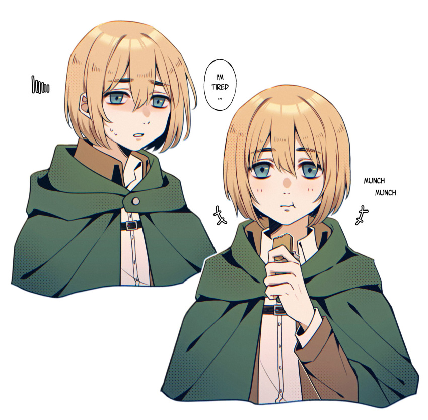 1boy, armin_arlert, blonde_hair, blue_eyes, cloak, commentary, eating, english_commentary