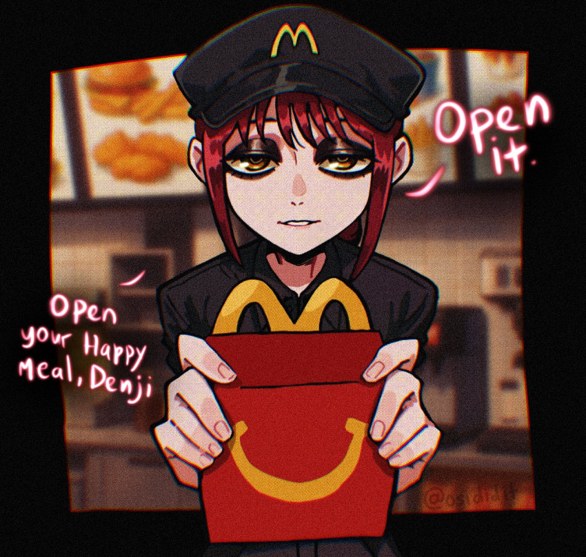 1girl, black_hat, box, chainsaw_man, employee_uniform, english_text, happy_meal, hat
