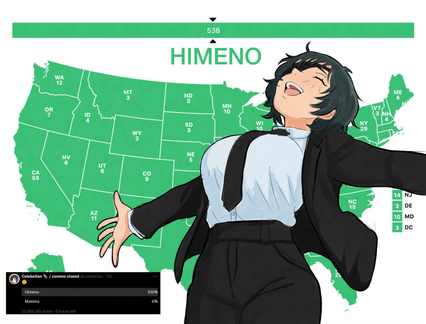 1girl, black_necktie, black_suit, breasts, celebelian, chainsaw_man, character_name, highres