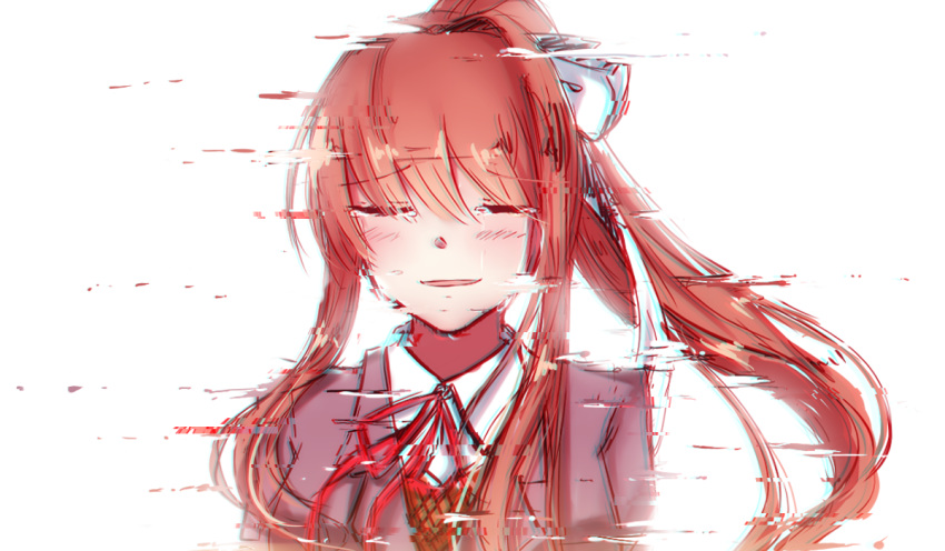 2girls, blush, brown_hair, brown_vest, closed_eyes, commentary, crying, doki_doki_literature_club, doki_doki_literature_club_school_uniform, english_commentary, glitch, grey_jacket, hair_ribbon, jacket, komitaki, long_hair, monika_(doki_doki_literature_club), multiple_girls, neck_ribbon, open_mouth, ponytail, red_ribbon, ribbon, school_uniform, shirt, smile, solo, tears, vest, white_background, white_ribbon, white_shirt