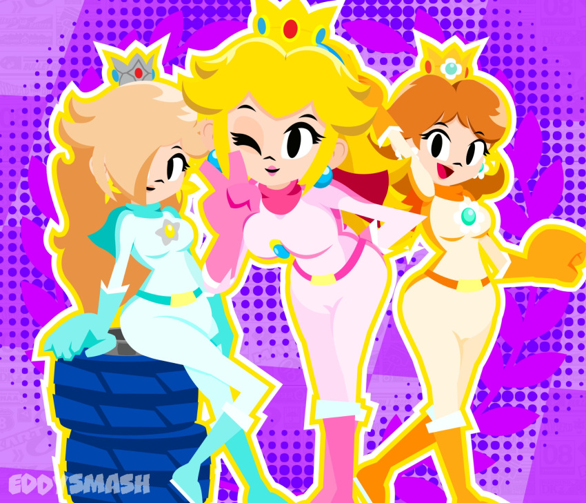 3girls, biker_daisy, biker_peach, biker_rosalina, brooch, commentary, crown, eddysmash2407