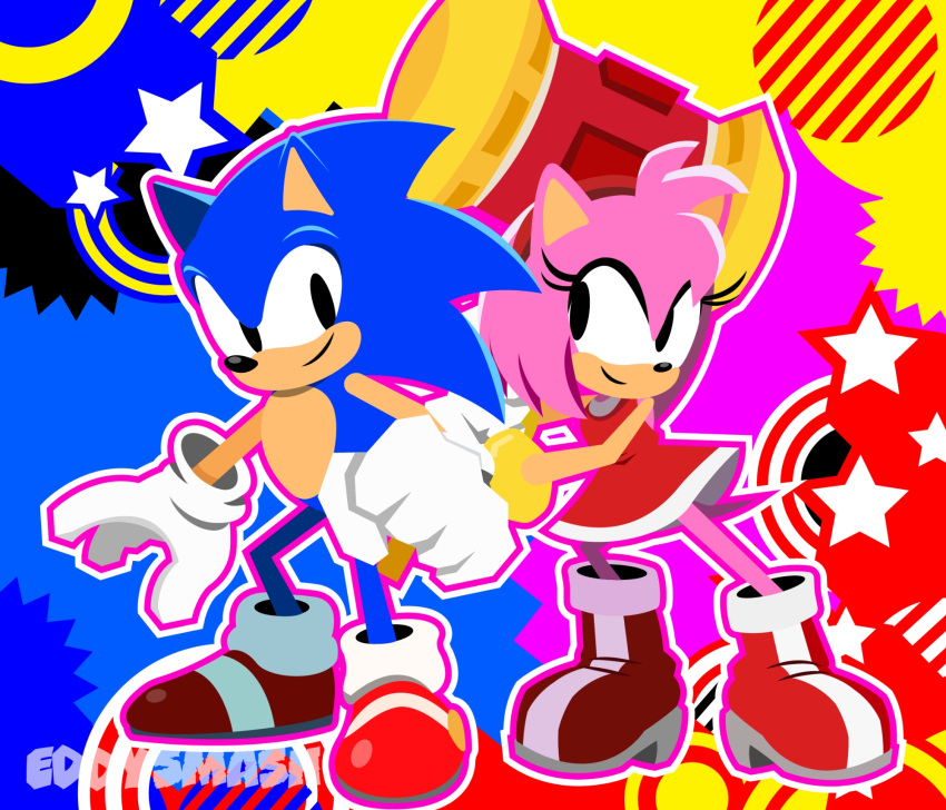 1boy, 1girl, amy_rose, eddysmash2407, eyelashes, hedgehog_boy, hedgehog_girl, highres, holding, sonic_(series), sonic_the_hedgehog, toy_hammer