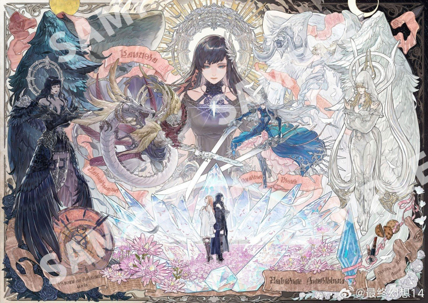 asymmetrical_wings, black_wings, blonde_hair, crystal, dual_wielding, fatebreaker_(ff14), feathered_wings, final_fantasy