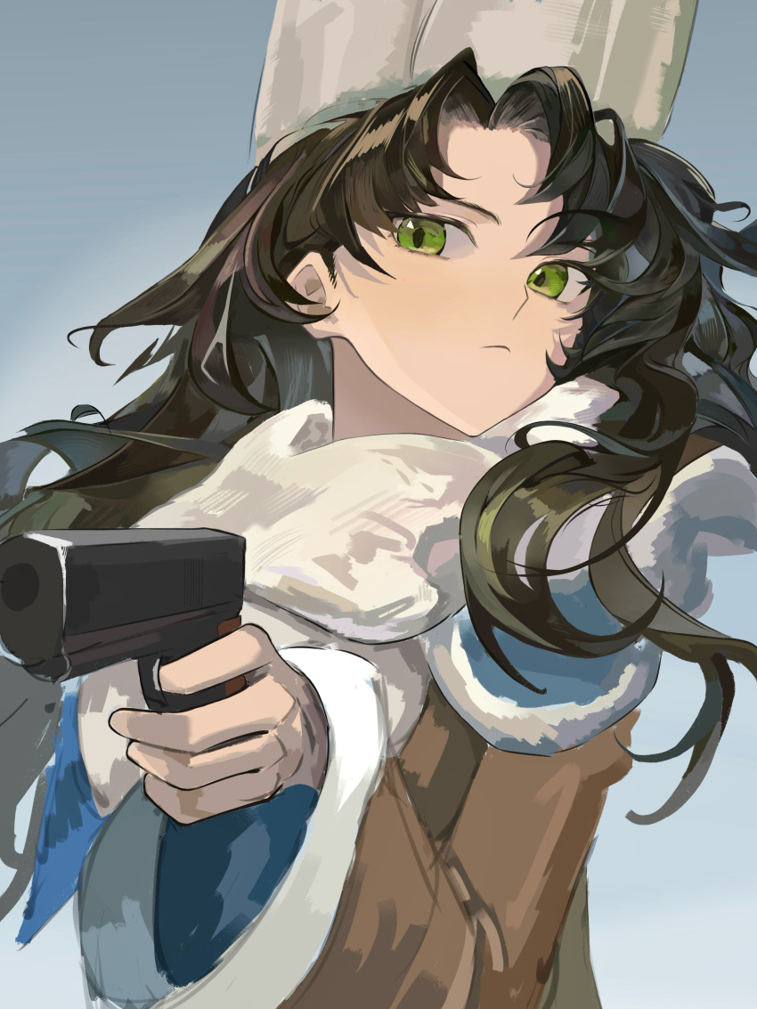 1girl, :<, absurdres, aiming, aiming_at_viewer, black_hair, brown_jacket, finger_on_trigger