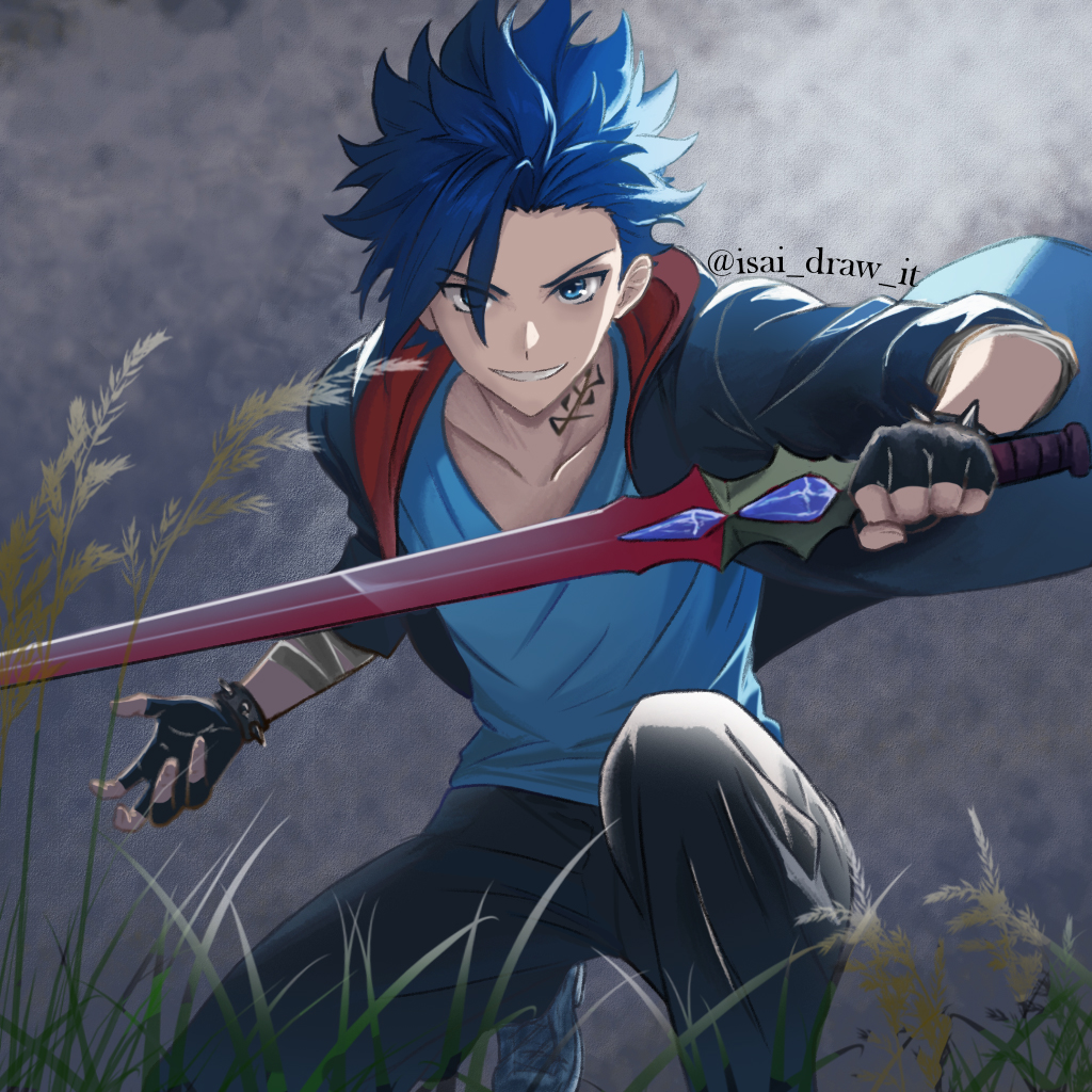 1boy, bandaged_arm, bandages, black_gloves, black_jacket, black_pants, blue_eyes, blue_hair