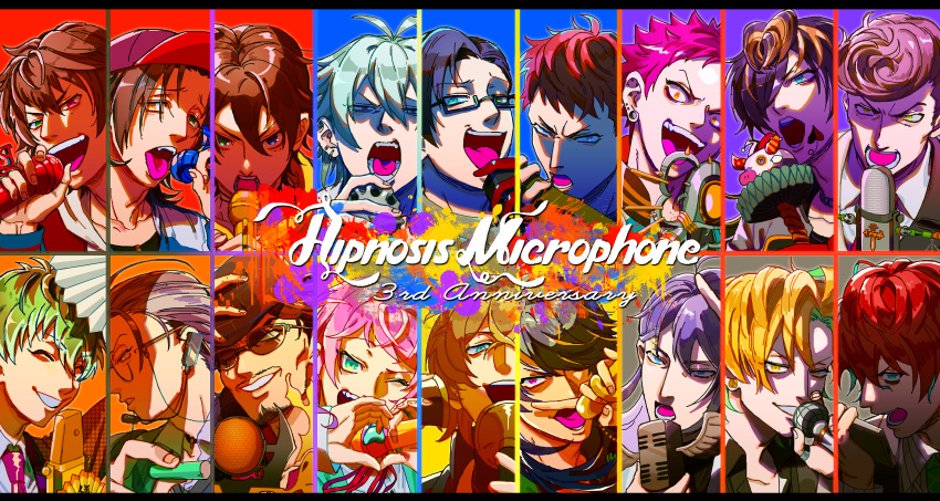 6+boys, :d, :o, ^_^, absurdres, adam's_apple, adjusting_clothes, adjusting_headwear