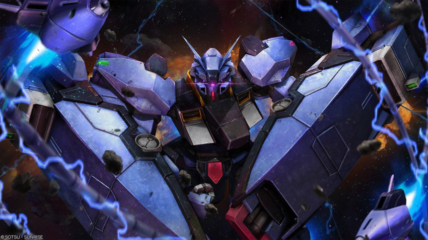 absurdres, battle, copyright_logo, debris, dezpada, electricity, energy, explosion, glowing, glowing_eye, gundam, gundam_battle_operation_2, highres, lens_flare, machinery, mecha, mecha_focus, mobile_suit, no_humans, official_art, one-eyed, painting_(medium), realistic, robot, scan, science_fiction, shield, space, sunrise_(company), tenjin_hidetaka, thrusters, traditional_media, violet_eyes