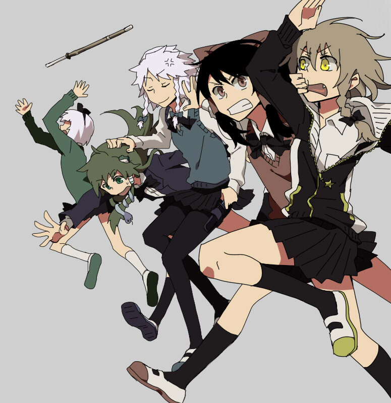 alternate_costume, black_hair, blonde_hair, blush, bow, braid, contemporary, frog