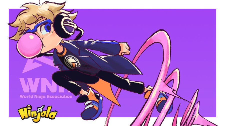 1boy, black_pants, blonde_hair, blowing_bubble_gum, blue-framed_eyewear, blue_coat, blue_eyes, blue_pupils