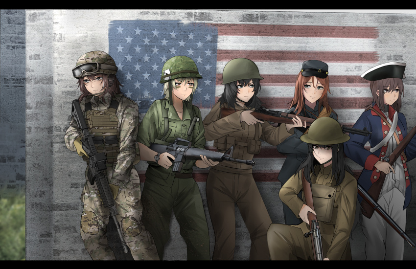 6+girls, absurdres, ace_(playing_card), ace_of_clubs, american_civil_war, american_flag, american_revolution, ammunition_pouch, antique_firearm, assault_rifle, ayou_(aukuamani), bags_under_eyes, black_hat, blonde_hair, blue_coat, bolt_action, breasts, brown_eyes, brown_gloves, brown_hair, brown_helmet, brown_pants, bulletproof_vest, camouflage, camouflage_helmet, camouflage_jacket, camouflage_pants, caplock, card, closed_mouth, club_(shape), coat, confederate_states_of_america, day, english_commentary, eotech, evolution, facepaint, feet_out_of_frame, finger_on_trigger, firelock, flashlight, gloves, goggles, goggles_on_head, grass, green_eyes, grey_hat, grey_jacket, grey_pants, gun, hat, headset, helmet, highres, jacket, knee_pads, kneeling, letterboxed, load_bearing_equipment, load_bearing_vest, m16, m16a1, m1903_springfield, m1_garand, m4_carbine, magazine_(weapon), medium_breasts, medium_hair, military, military_combat_uniform, military_fatigues, military_uniform, multiple_girls, musket, optical_sight, original, outdoors, pants, playing_card, pouch, rifle, short_hair, standing, strap, tricorne, trigger_discipline, united_states_army, vest, vietnam_war, waistcoat, weapon, white_pants, woodland_camouflage, world_war_i, world_war_ii
