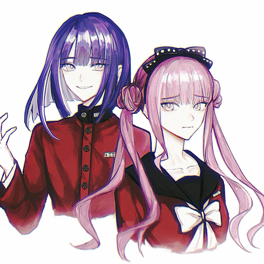 1boy, 1girl, black_bow, black_hairband, black_sailor_collar, bow, bowtie, brother_and_sister, buttons, chinese_commentary, chromatic_aberration, closed_mouth, collarbone, colored_inner_hair, commentary_request, double_bun, film_grain, hair_bow, hair_bun, hairband, hand_up, highres, long_hair, medium_hair, mizu-u, multicolored_hair, pale_skin, pink_eyes, pink_hair, procreate_(medium), purple_hair, quad_tails, red_shirt, sailor_collar, sailor_shirt, shirt, siblings, simple_background, single_sidelock, smile, the_hundred_line_-last_defense_academy-, tsukumo_ima, tsukumo_kako, twins, white_background, white_bow, white_bowtie, white_hair