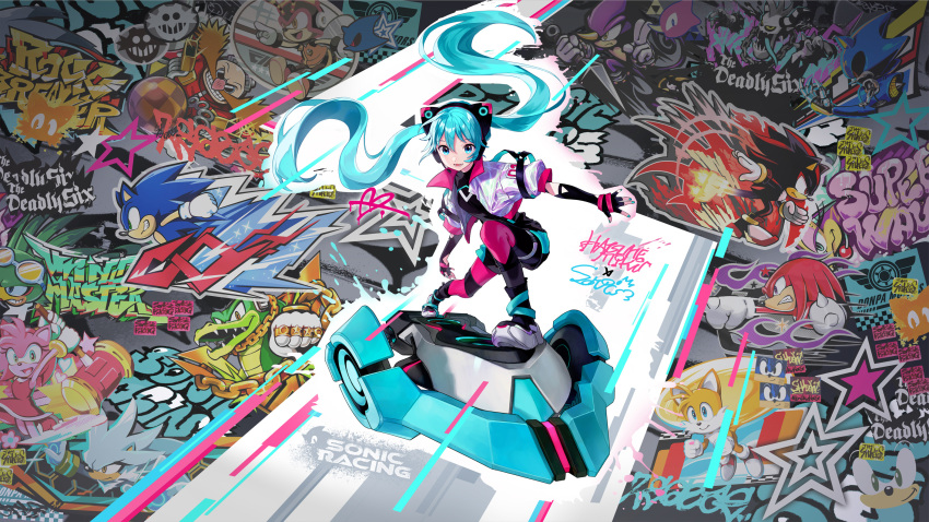 1girl, amy_rose, animal_ear_headphones, animal_ears, black_boots, black_gloves, black_shirt, black_shorts, blue_eyes, blue_hair, boots, cameo, cat_ear_headphones, character_name, charmy_bee, colored_shoe_soles, commentary_request, copyright_name, copyright_notice, diva_macchina, dr._eggman, elbow_gloves, espio_the_chameleon, fake_animal_ears, fingerless_gloves, floating_hair, flying, full_body, gloves, graffiti, hair_between_eyes, hatsune_miku, headphones, headset, highres, holographic_clothing, hoverboard, jacket, jet_the_hawk, knuckles_the_echidna, logo, long_hair, looking_at_viewer, metal_sonic, official_art, open_clothes, open_jacket, running, second-party_source, shadow_the_hedgehog, shirt, short_sleeves, shorts, signature, silver_the_hedgehog, smile, solo, sonic_(series), sonic_racing:_crossworlds, sonic_the_hedgehog, sonic_the_hedgehog_official, star_(symbol), storm_the_albatross, tails_(sonic), twintails, vector_the_crocodile, very_long_hair, vocaloid, wave_the_swallow, white_jacket, zazz