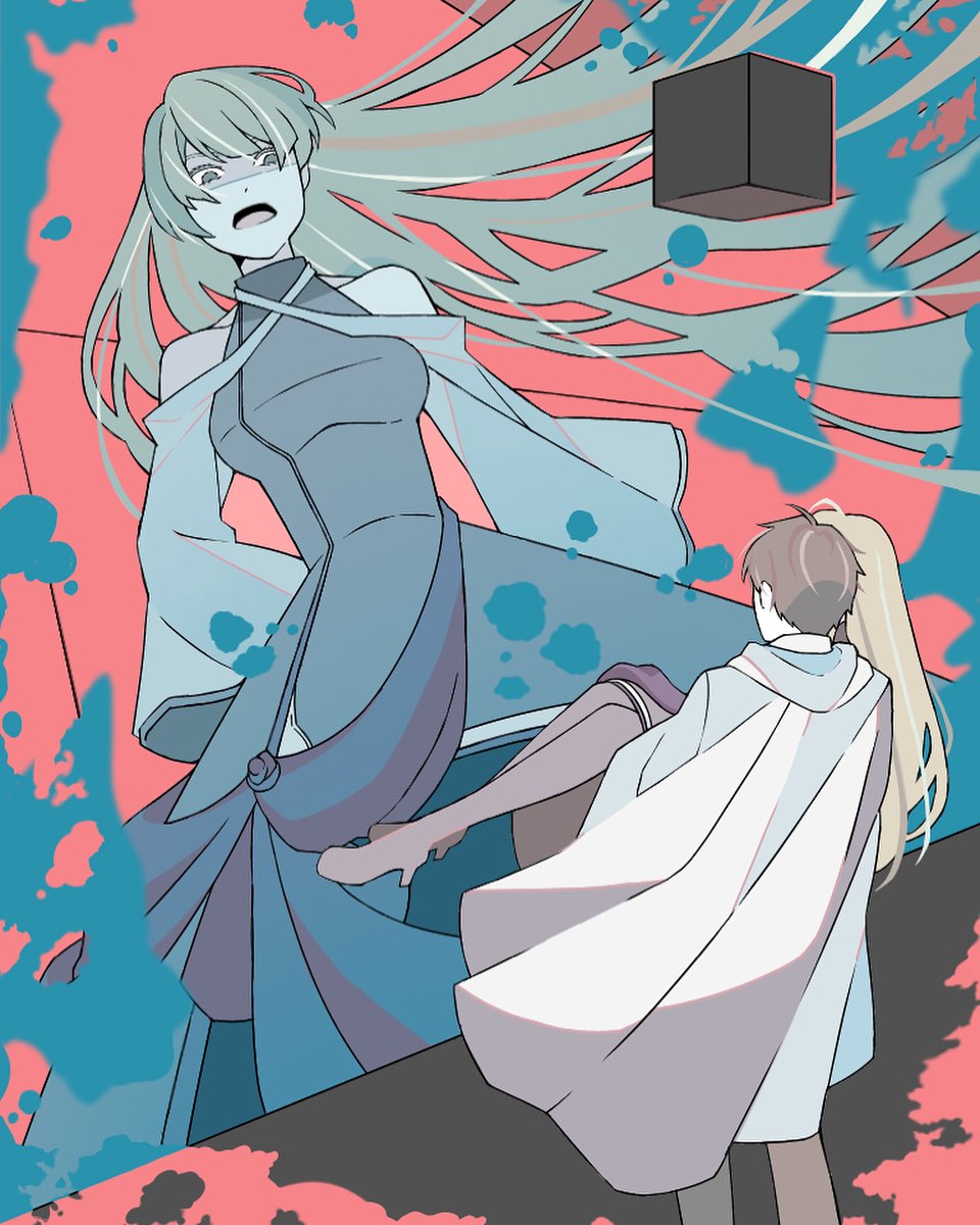 1boy, 1girl, annoyed, bare_shoulders, black_box, blonde_hair, blunt_bangs, boots