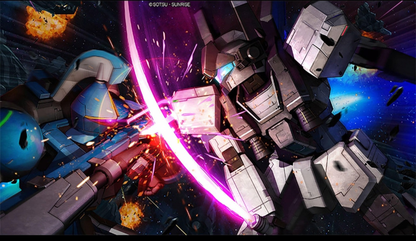 assault_visor, battle, beam_lance, blue_visor, company_name, copyright_notice, crossed_weapons, duel